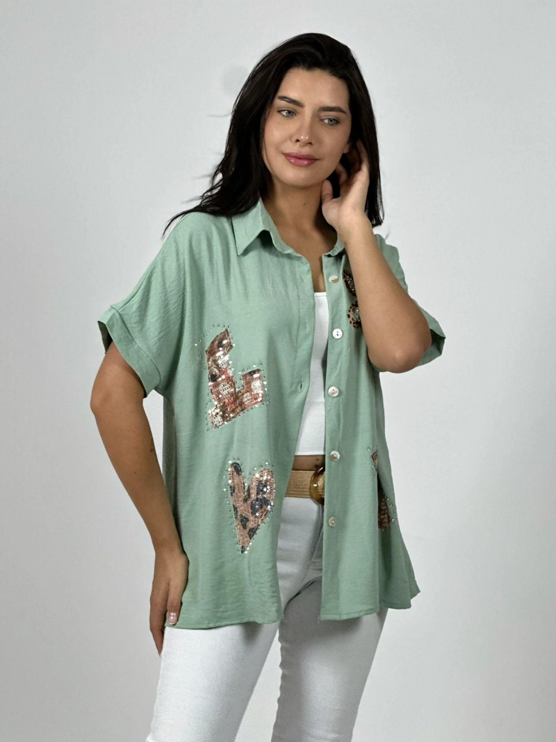 BLUSA CREPE  LOVE PRINT CHIC CON BRILLOS BEIGE - 1