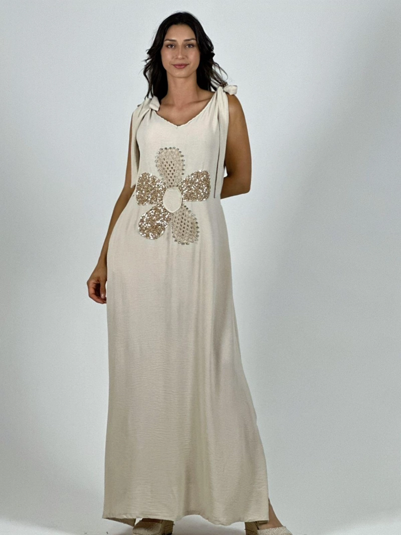 VESTIDO LINO FLOR BRILLOS BLANCO - 1