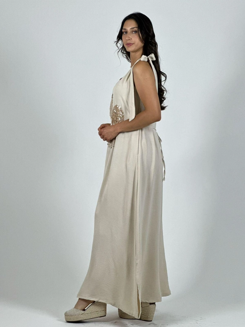 VESTIDO LINO FLOR BRILLOS BLANCO - 2