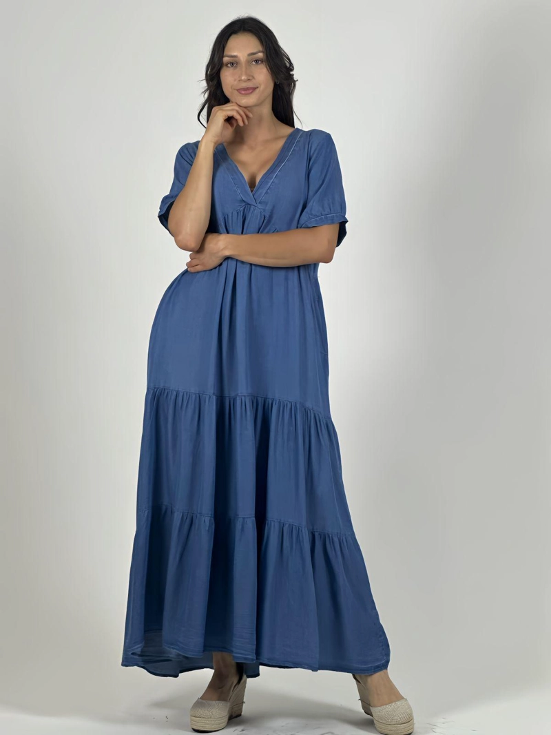 VESTIDO MEZCLILLA SECCIONADO CUELLO V AZUL - 1