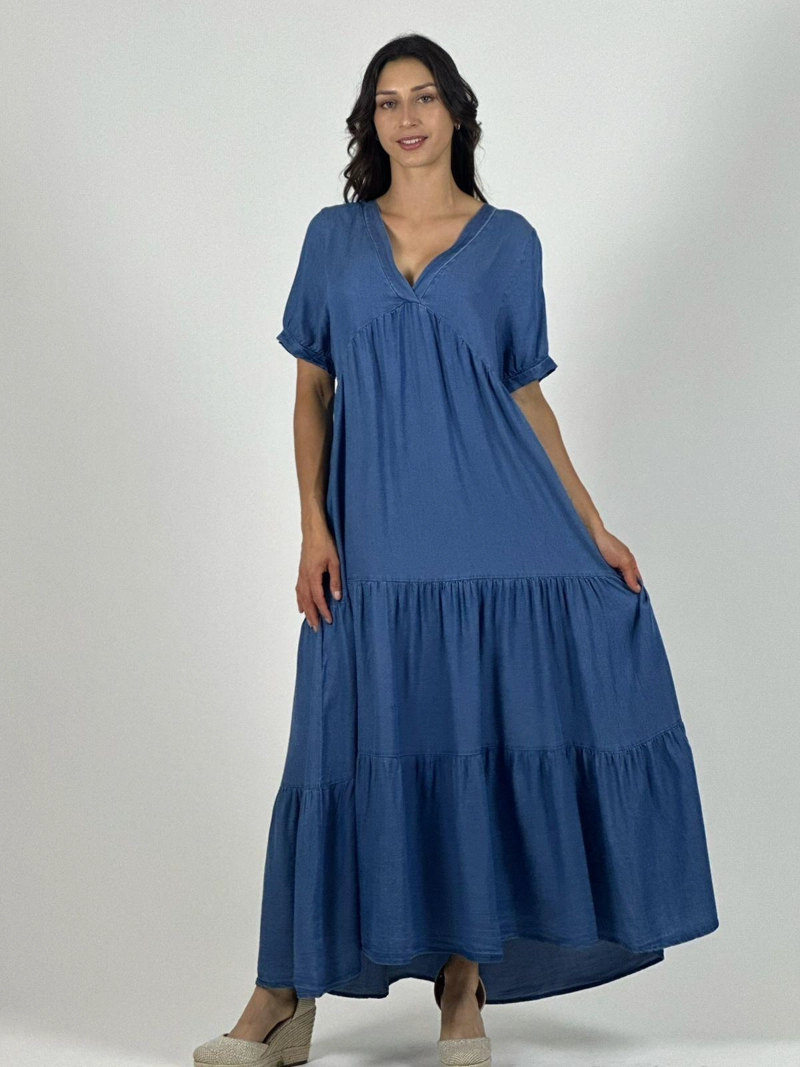 VESTIDO MEZCLILLA SECCIONADO CUELLO V AZUL - 2