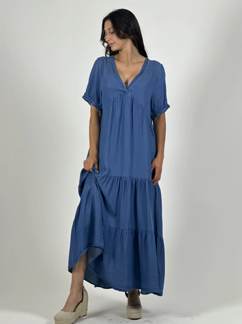 VESTIDO MEZCLILLA SECCIONADO CUELLO V AZUL - 3