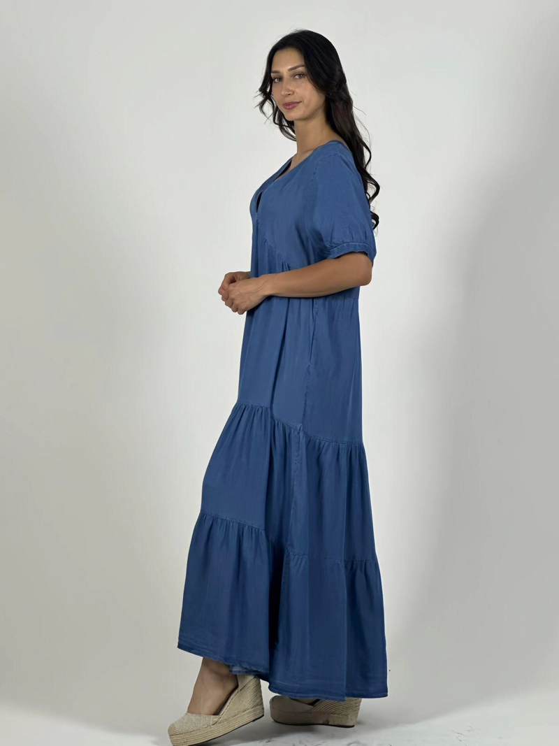 VESTIDO MEZCLILLA SECCIONADO CUELLO V AZUL - 4