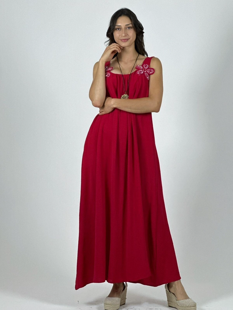 VESTIDO CREPE  TIRANTES CON FLORES BRILLANTES ROJO - 1