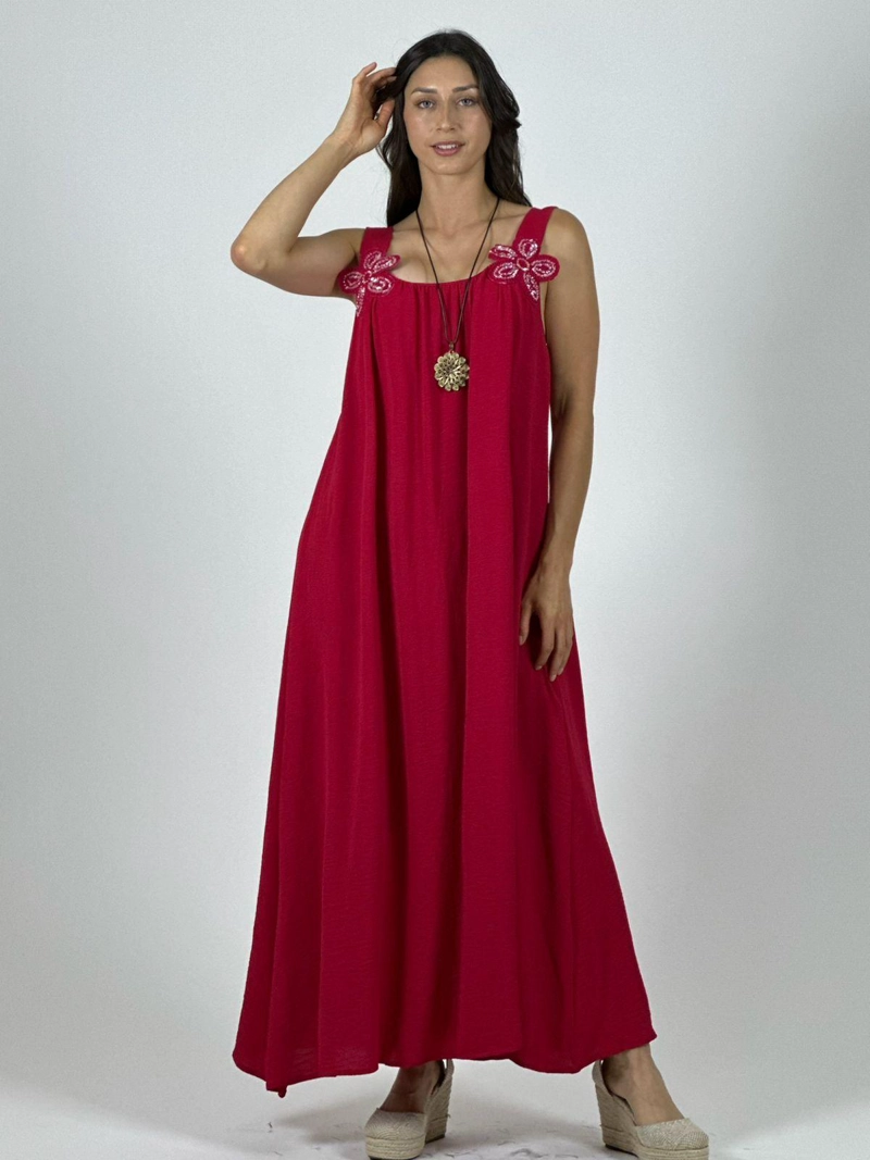 VESTIDO CREPE  TIRANTES CON FLORES BRILLANTES ROJO - 2