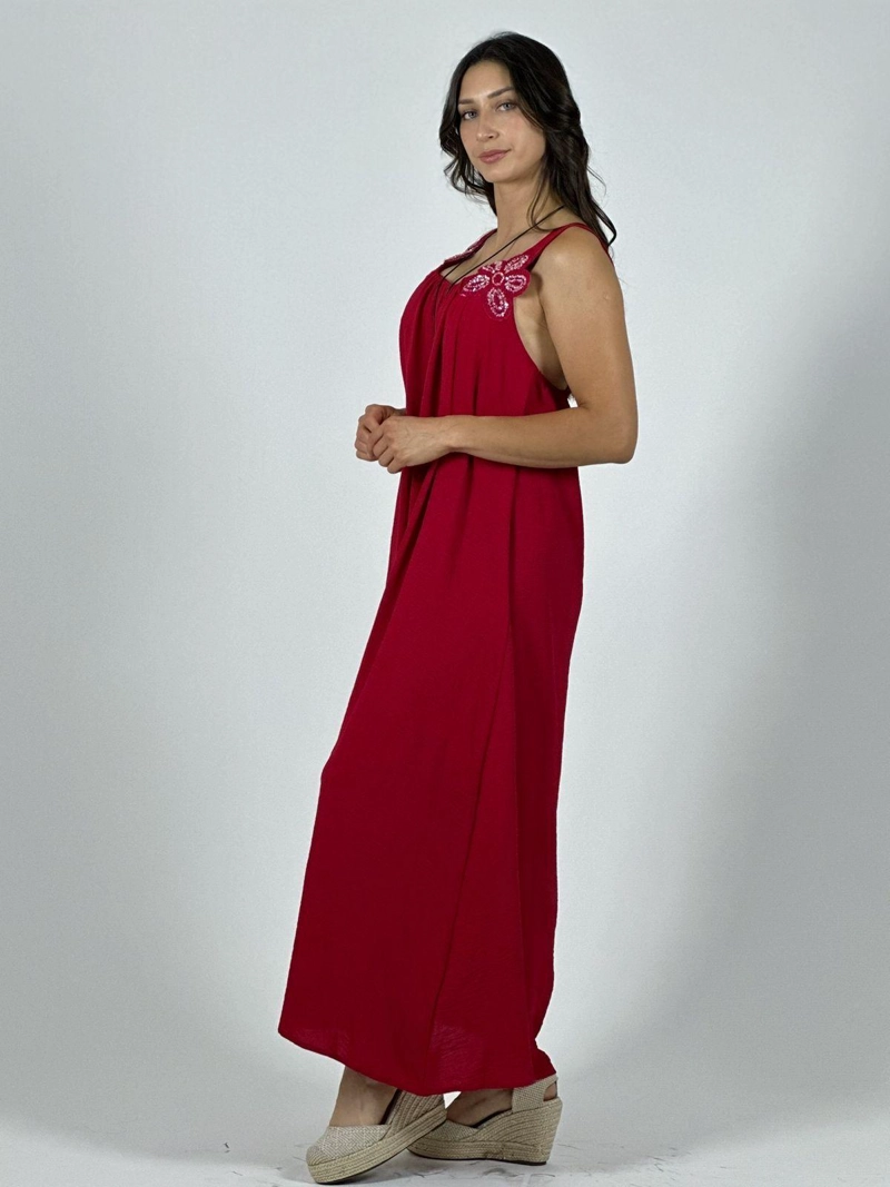 VESTIDO CREPE  TIRANTES CON FLORES BRILLANTES ROJO - 3