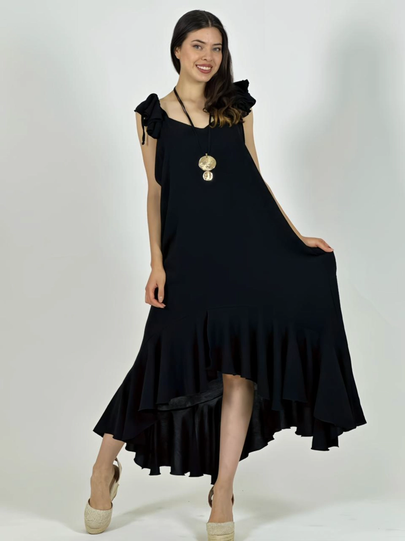 VESTIDO CEY ASIMETRICO TIRAS CON VUELOS VERDE - 1