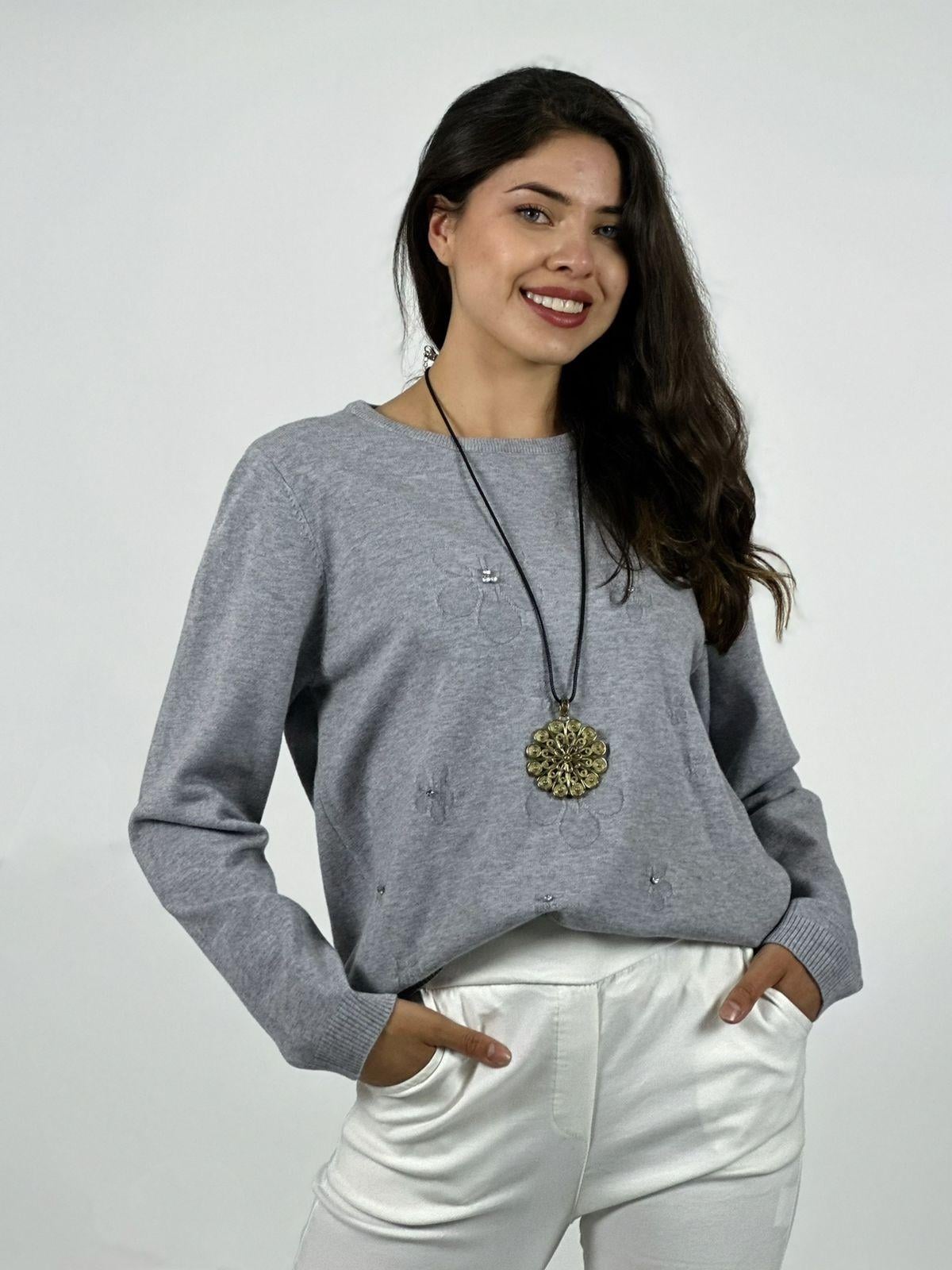 SWEATER SPANDEX FLORES Y DIAMANTES NEGRO - 1