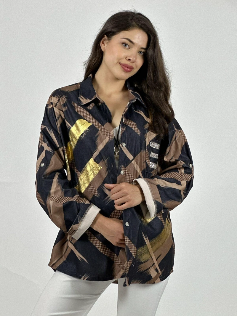 CAMISA COTELE  LINEAS Y BRILLOS CRUZADOS CAFE - 1