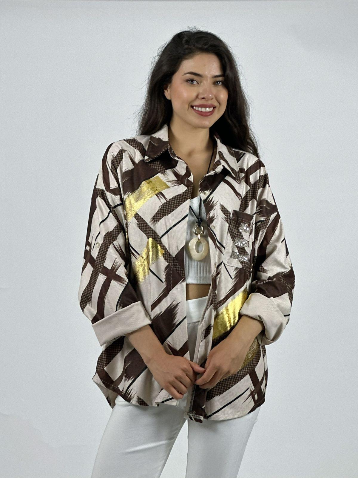 CAMISA COTELE  LINEAS Y BRILLOS CRUZADOS CAFE - 2