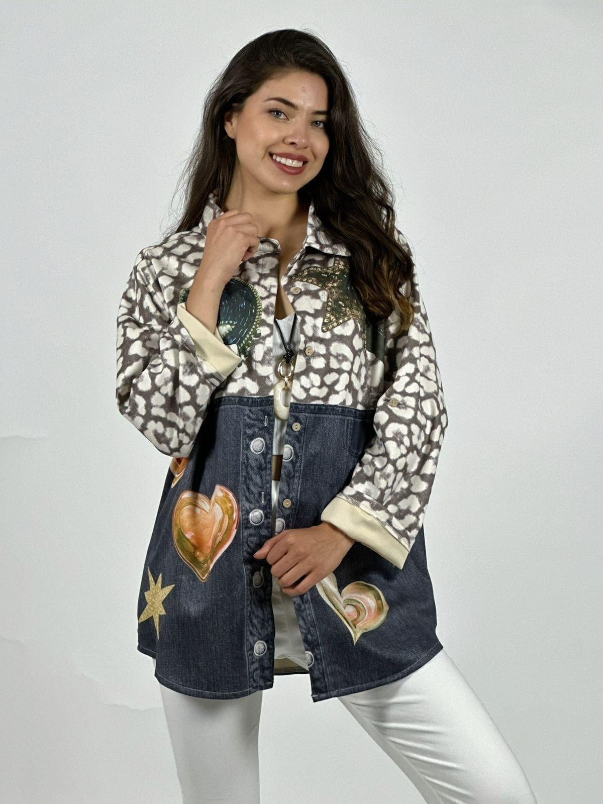 CHAQUETA GAMUZA FLORAL LUNA ESTRELLA Y CORAZONES BEIGE - 3