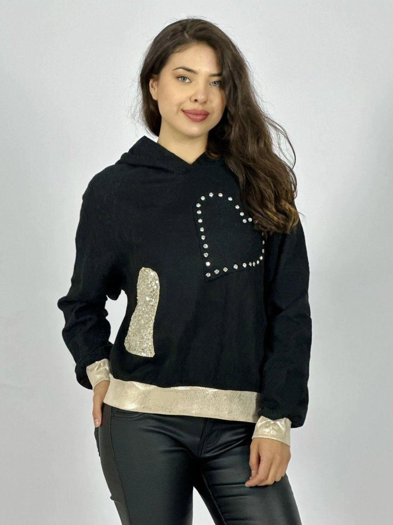 POLERON GAMUZA CORAZONES TACHAS Y BRILLOS NEGRO - 1