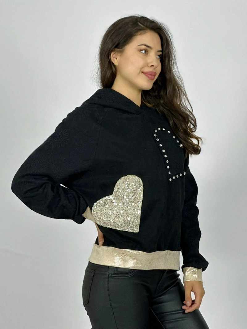POLERON GAMUZA CORAZONES TACHAS Y BRILLOS NEGRO - 2