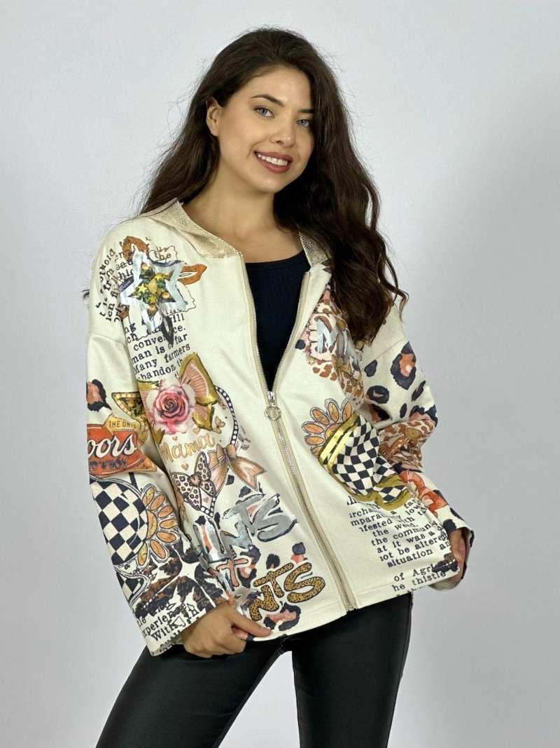 POLERON GAMUZA ESTAMPADO FLORES PRINT MARIPOSAS BEIGE - 1