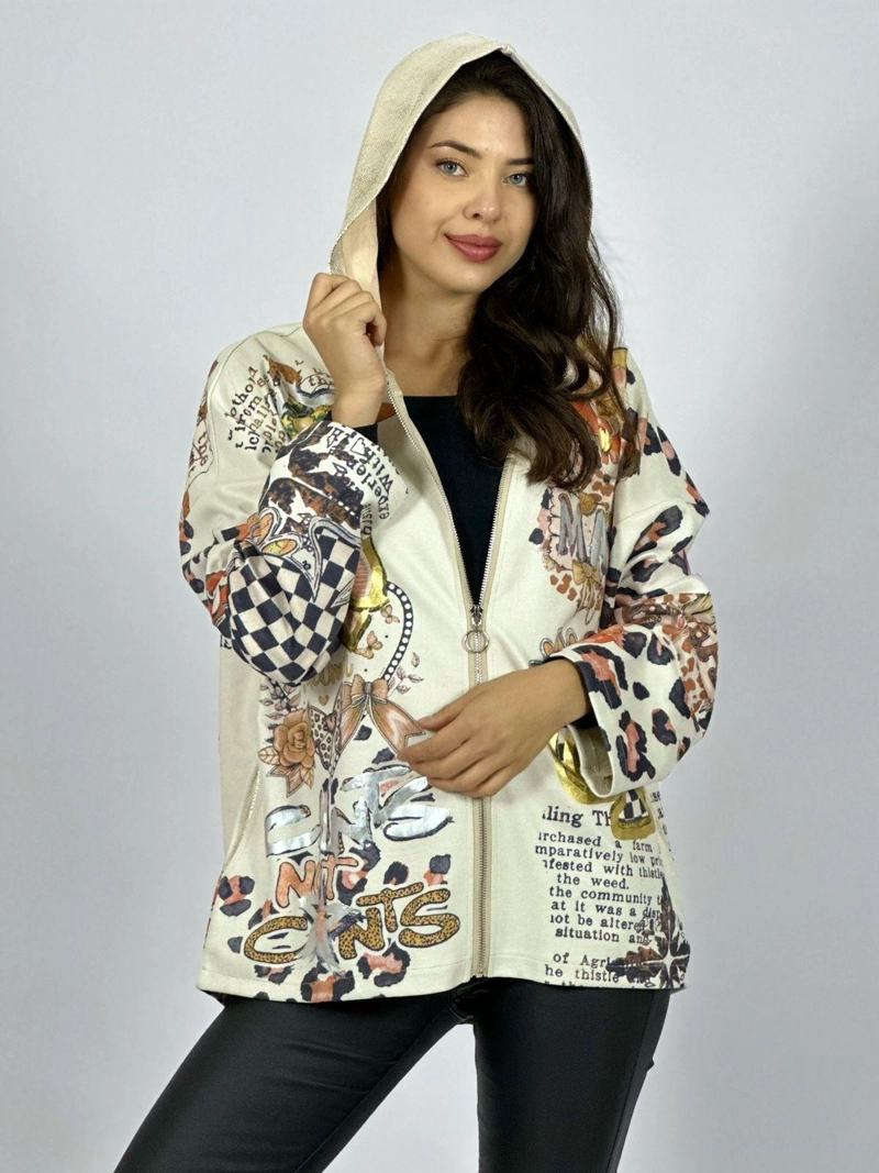 POLERON GAMUZA ESTAMPADO FLORES PRINT MARIPOSAS BEIGE - 2
