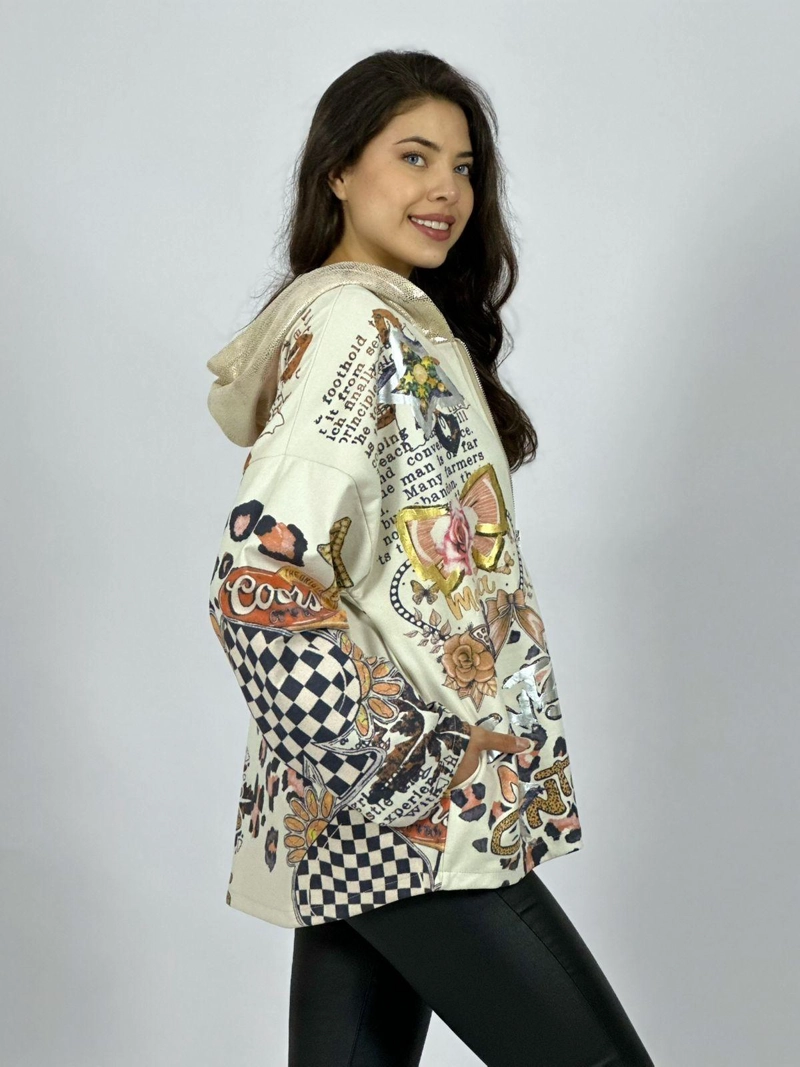 POLERON GAMUZA ESTAMPADO FLORES PRINT MARIPOSAS BEIGE - 3