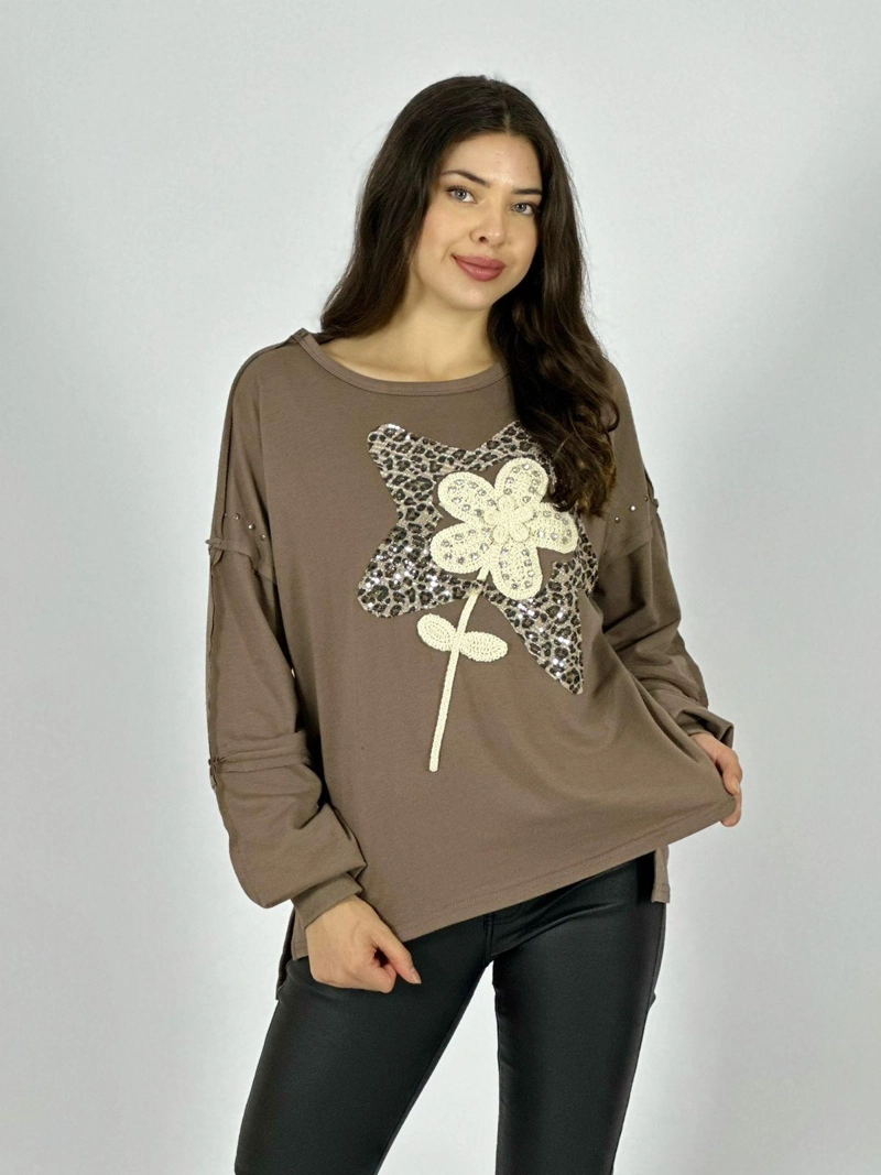 POLERA ALGODON ESTRELLA PRINT FLOR TEJIDA CAFE - 1