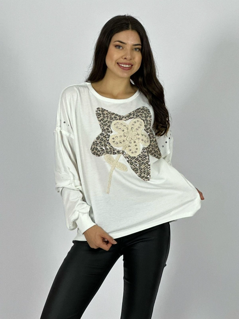 POLERA ALGODON ESTRELLA PRINT FLOR TEJIDA CAFE - 1