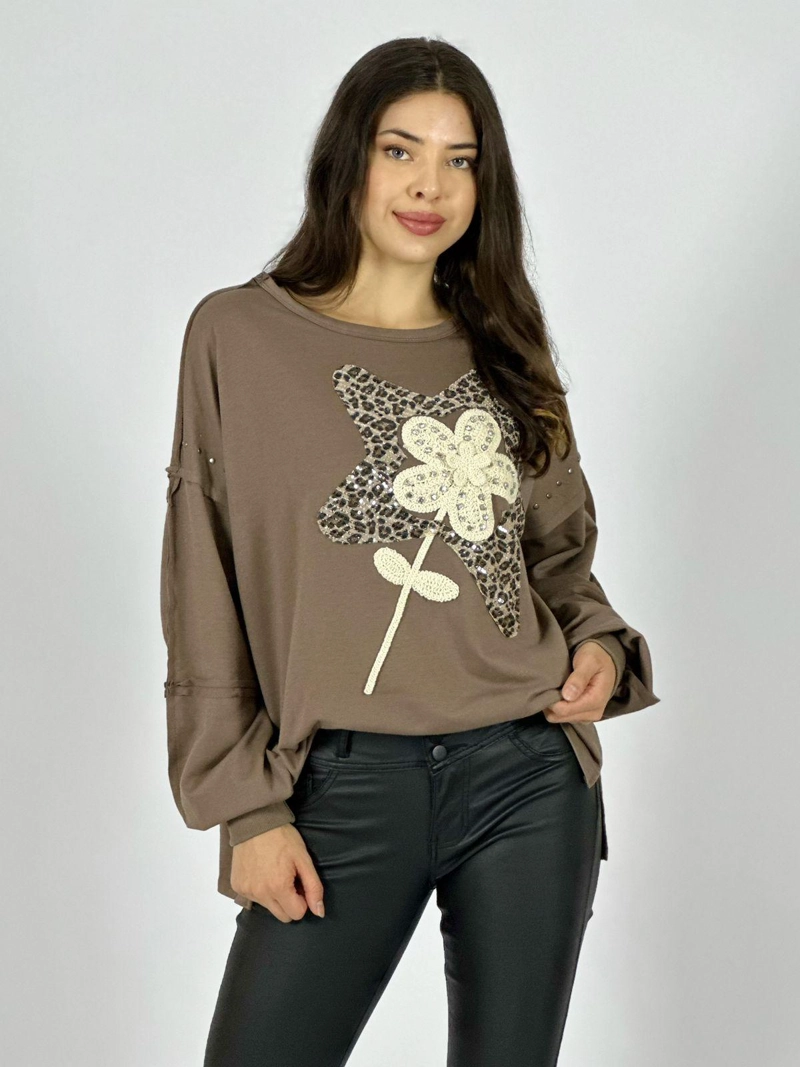 POLERA ALGODON ESTRELLA PRINT FLOR TEJIDA CAFE - 2