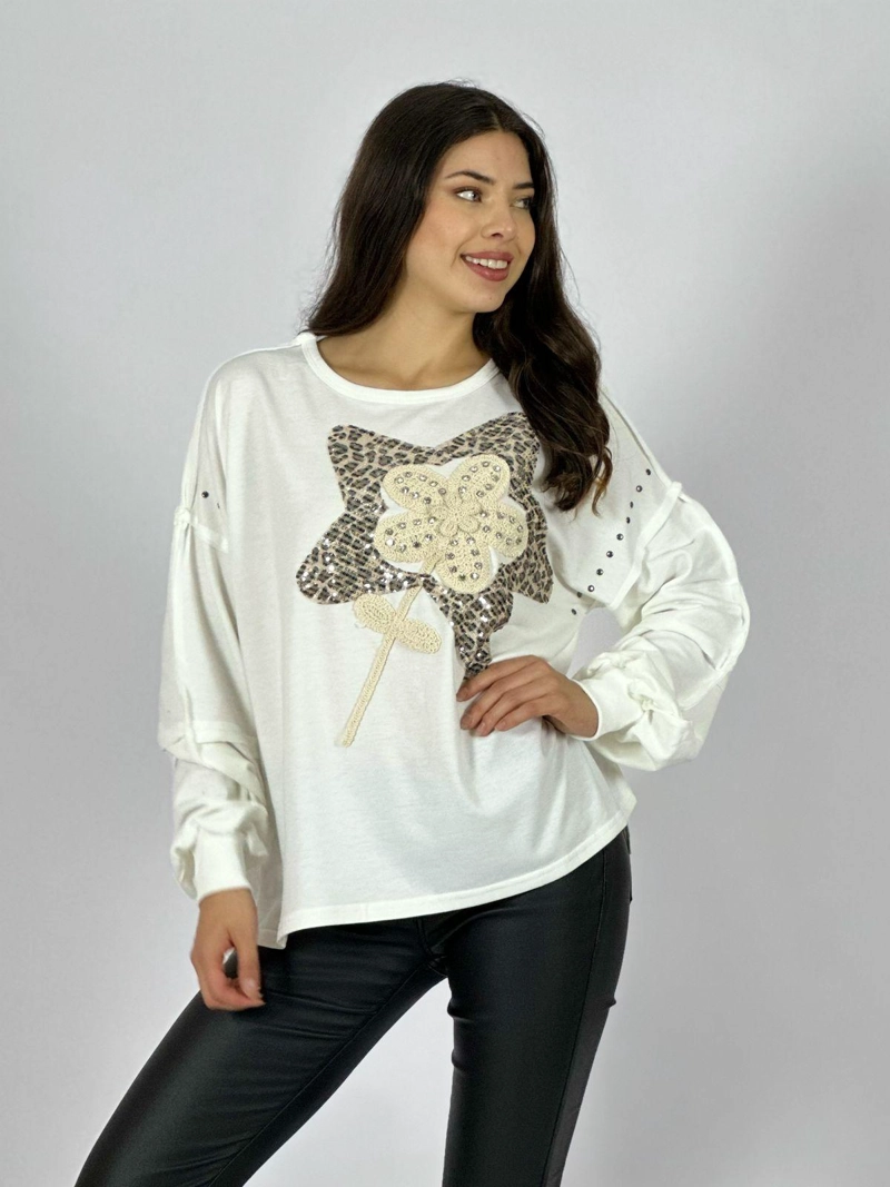 POLERA ALGODON ESTRELLA PRINT FLOR TEJIDA CAFE - 2