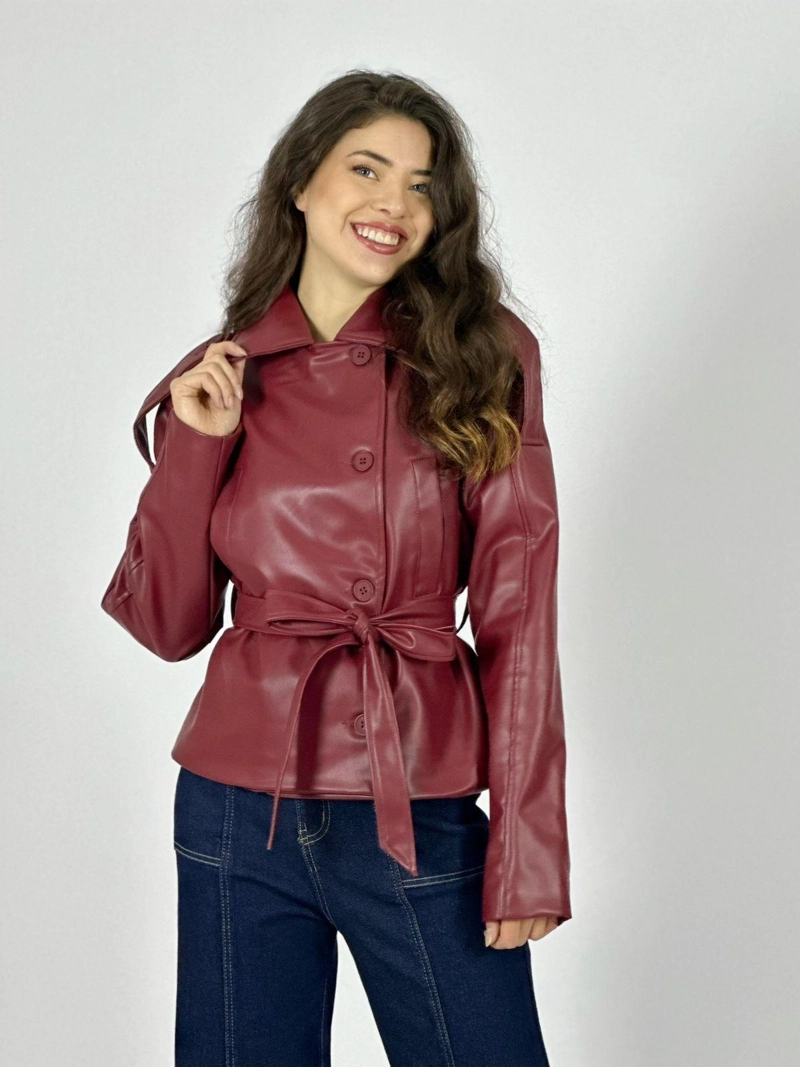 CHAQUETA ECOCUERO CON CINTURON BURDEO - 1