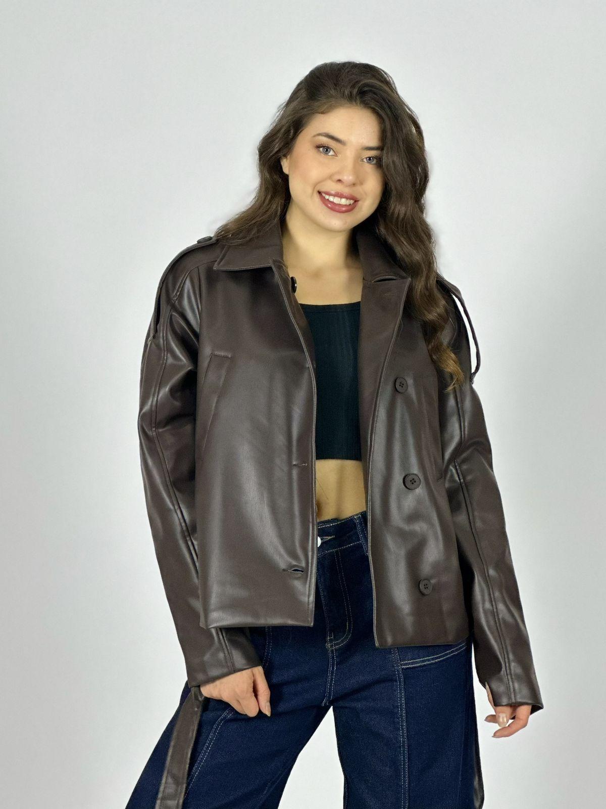 CHAQUETA ECOCUERO CON CINTURON BURDEO - 1