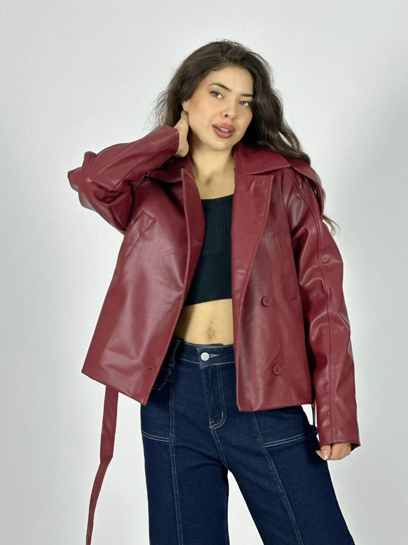 CHAQUETA ECOCUERO CON CINTURON BURDEO - 2