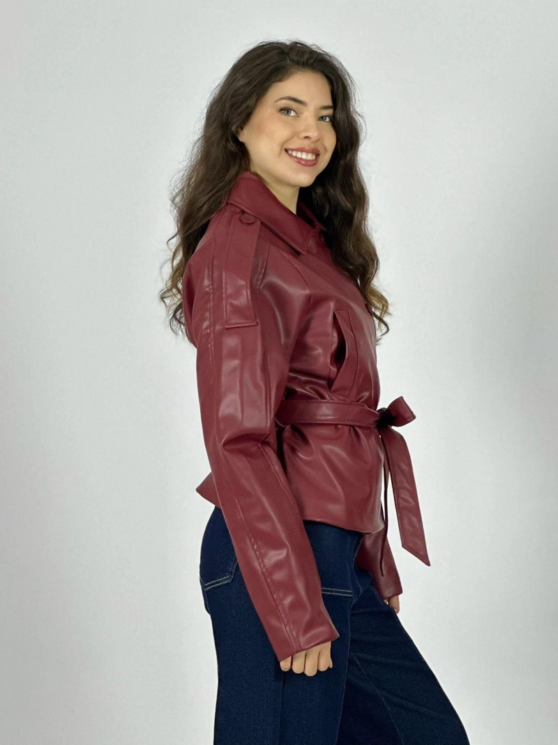 CHAQUETA ECOCUERO CON CINTURON BURDEO - 3