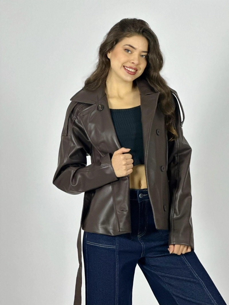 CHAQUETA ECOCUERO CON CINTURON BURDEO - 3