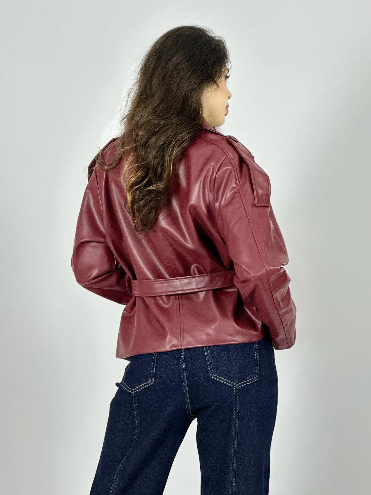 CHAQUETA ECOCUERO CON CINTURON BURDEO - 4