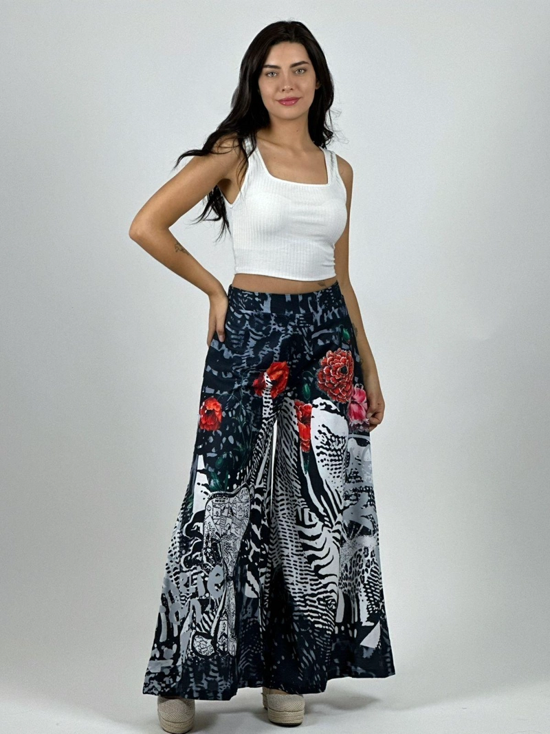 PALAZZO SATIN ESTAMPADO SNOOPY Y ROSAS NEGRO - 1