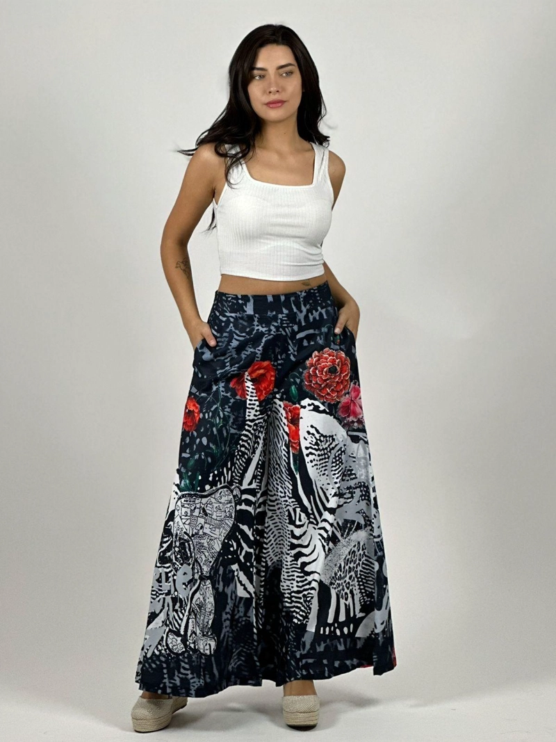 PALAZZO SATIN ESTAMPADO SNOOPY Y ROSAS NEGRO - 2