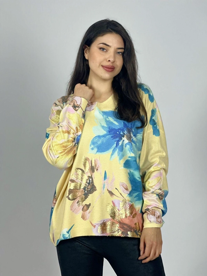 SWEATER SPANDEX ESTAMPADO FLORAL CON BRILLO AMARILLO - 1