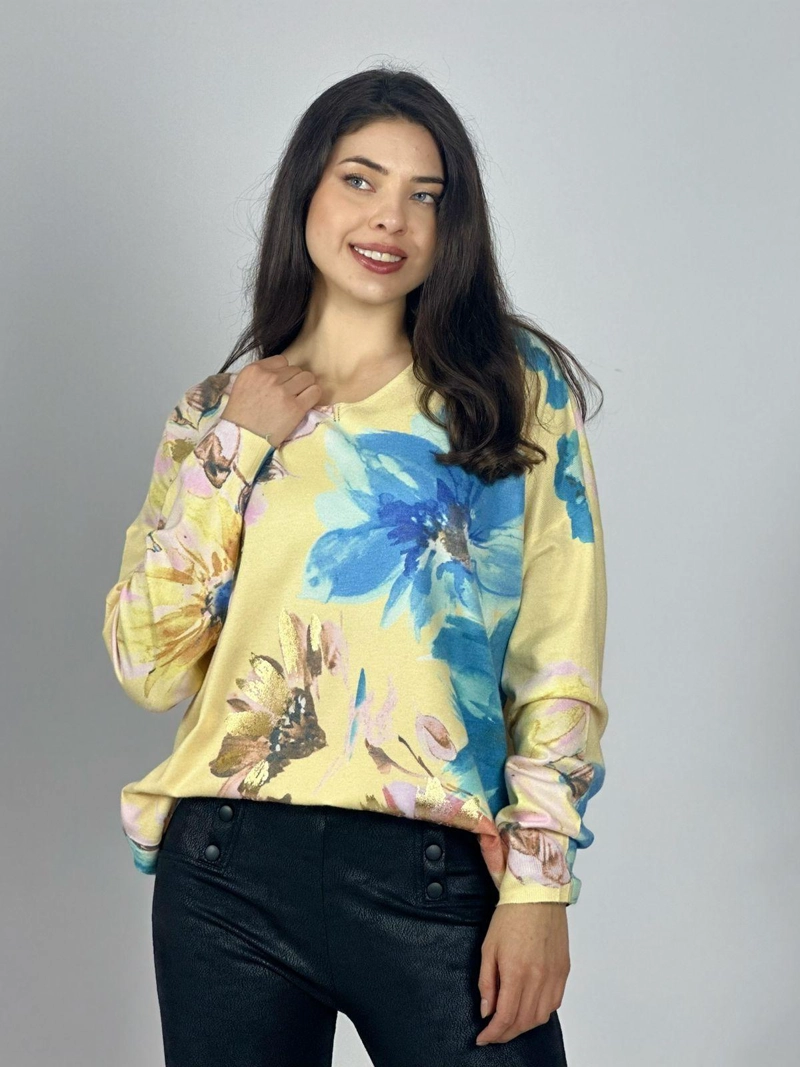 SWEATER SPANDEX ESTAMPADO FLORAL CON BRILLO AMARILLO - 2