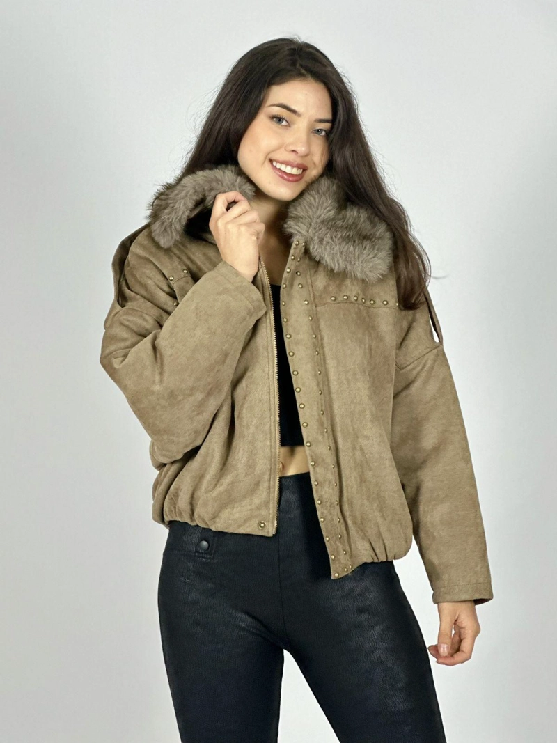 CHAQUETA CORTA GAMUZA TACHAS Y CUELLO PELUDO CAFE  OSCURO - 1