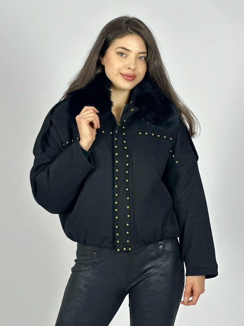 CHAQUETA CORTA GAMUZA TACHAS Y CUELLO PELUDO CAFE  OSCURO - 1