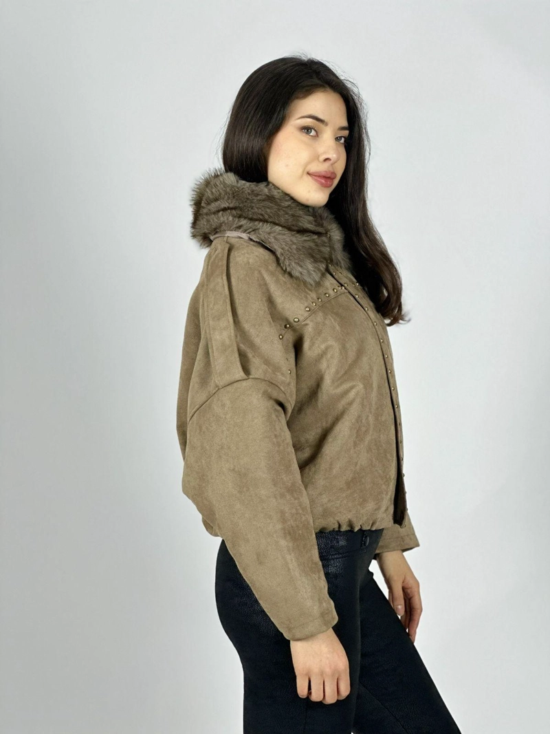 CHAQUETA CORTA GAMUZA TACHAS Y CUELLO PELUDO CAFE  OSCURO - 3