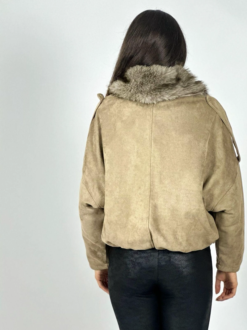 CHAQUETA CORTA GAMUZA TACHAS Y CUELLO PELUDO CAFE  OSCURO - 4