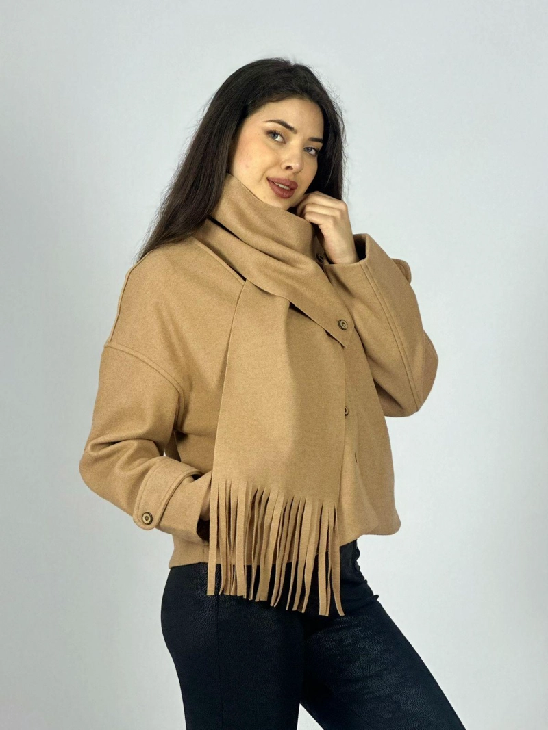 CHAQUETA PAÑO CON BUFANDA CAMEL - 1