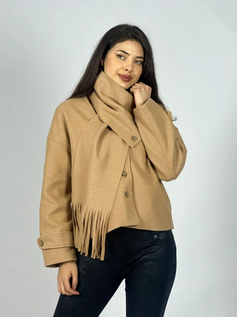 CHAQUETA PAÑO CON BUFANDA CAMEL - 2