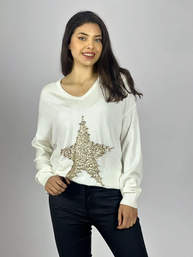 SWEATER SPANDEX ESTRELLA BRILLOS BLANCO - 1