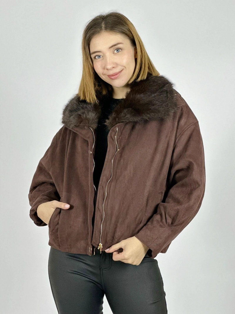 CHAQUETA GAMUZA ACOLCHADA CUELLO PELUDO CAFE - 1