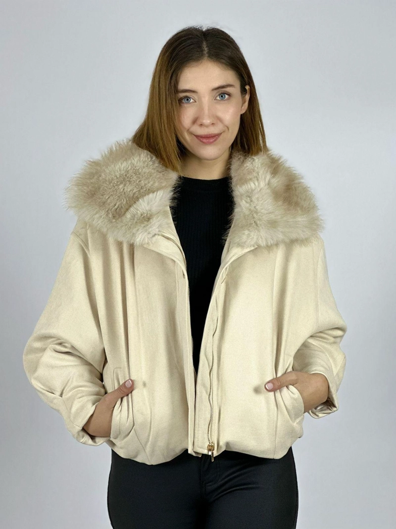 CHAQUETA GAMUZA ACOLCHADA CUELLO PELUDO CAFE - 1