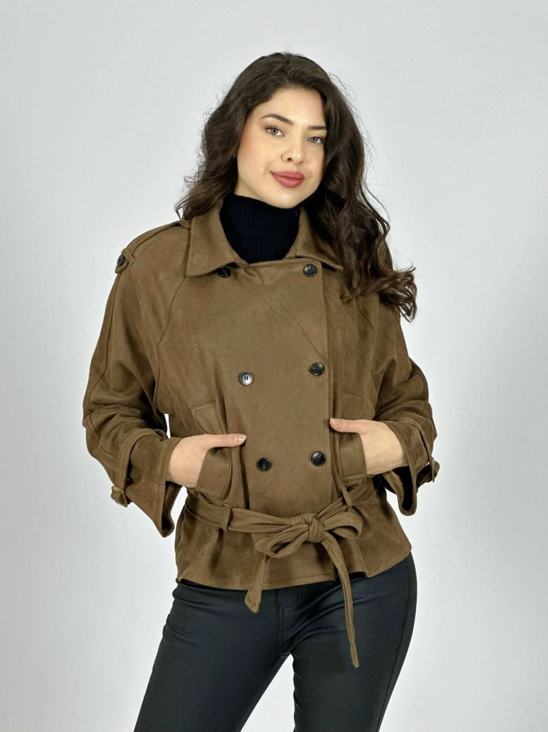 CHAQUETA GAMUZA 4 BOTONES CON CINTURON CAFE  OSCURO - 1