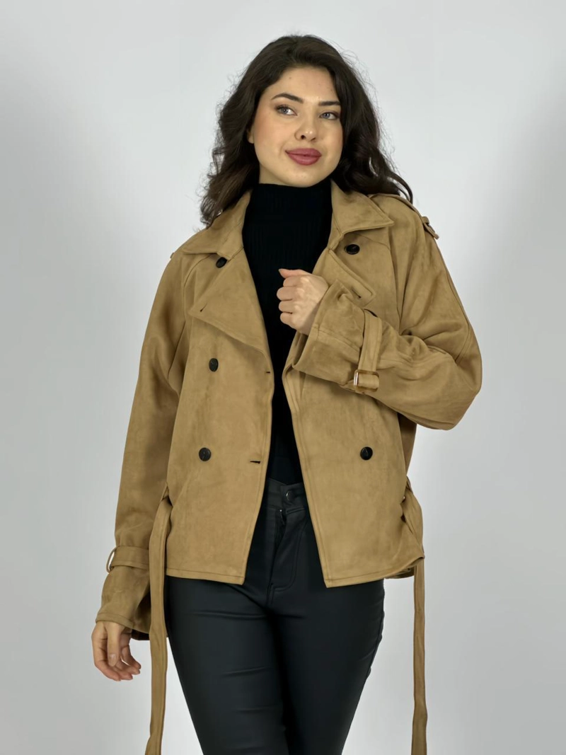 CHAQUETA GAMUZA 4 BOTONES CON CINTURON CAFE  OSCURO - 1