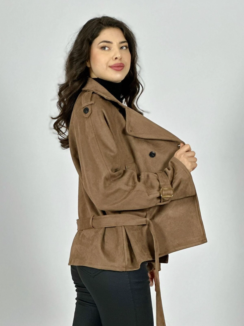 CHAQUETA GAMUZA 4 BOTONES CON CINTURON CAFE  OSCURO - 2