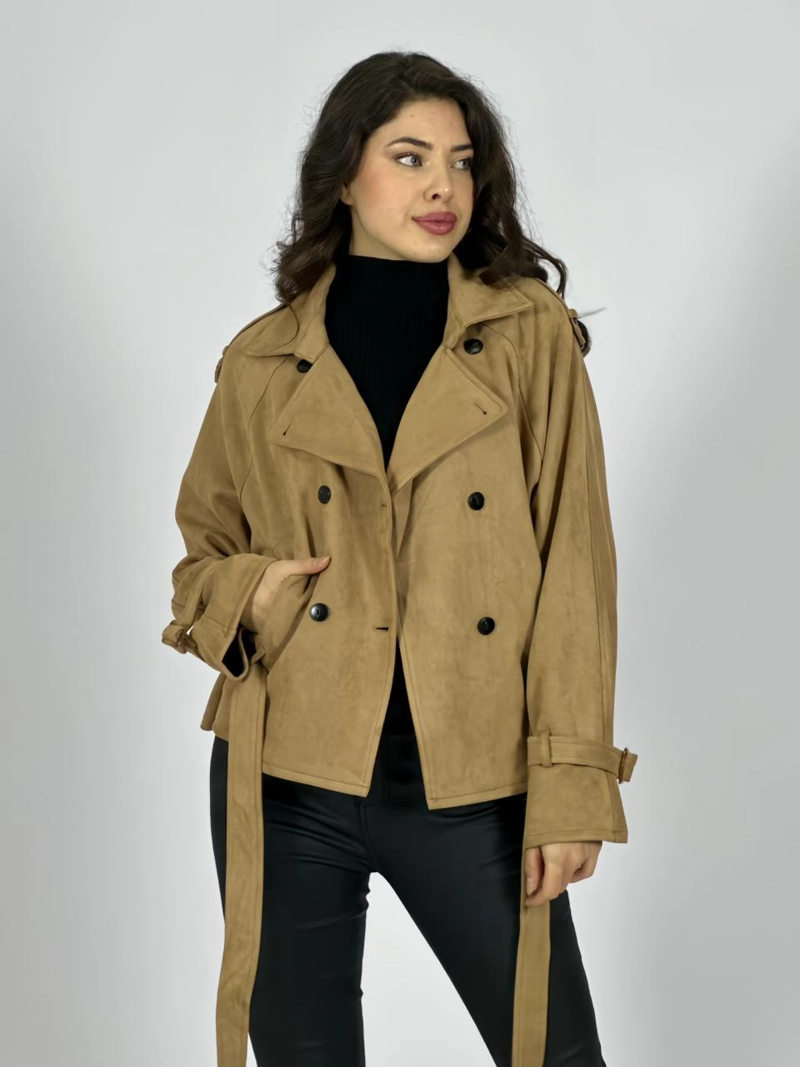 CHAQUETA GAMUZA 4 BOTONES CON CINTURON CAFE  OSCURO - 2