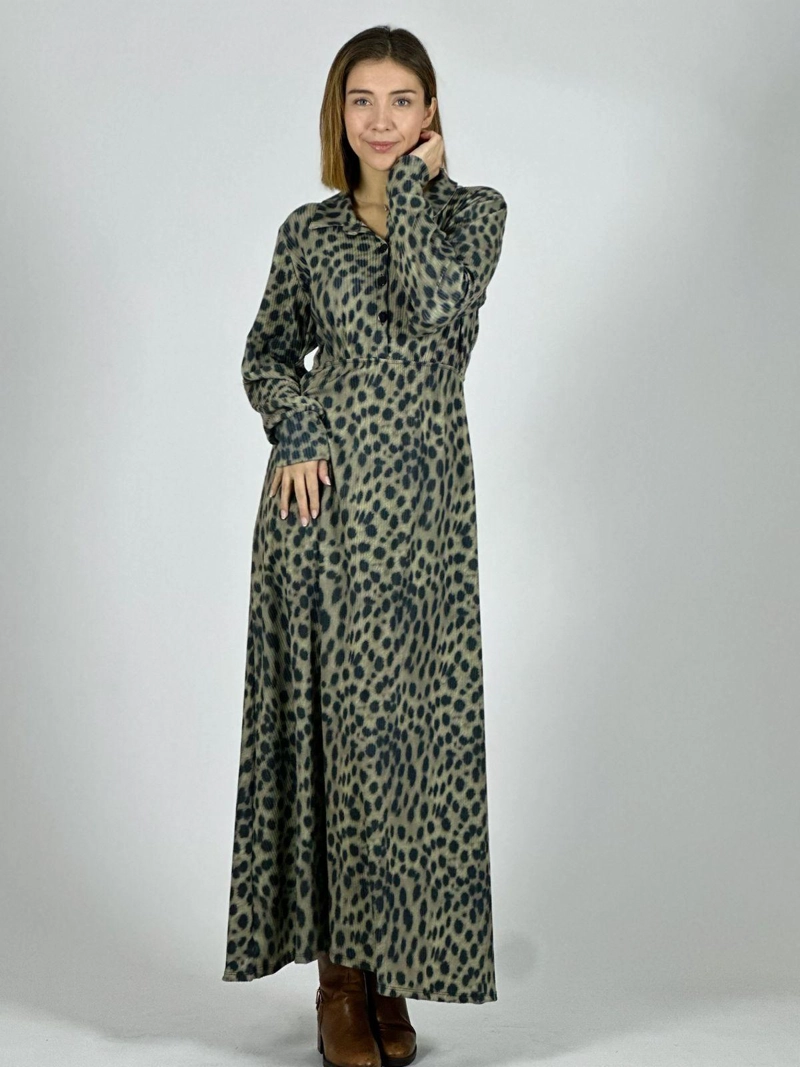 VESTIDO LARGO PUNTO GUEPARDO MANGA LARGA CAMEL - 1
