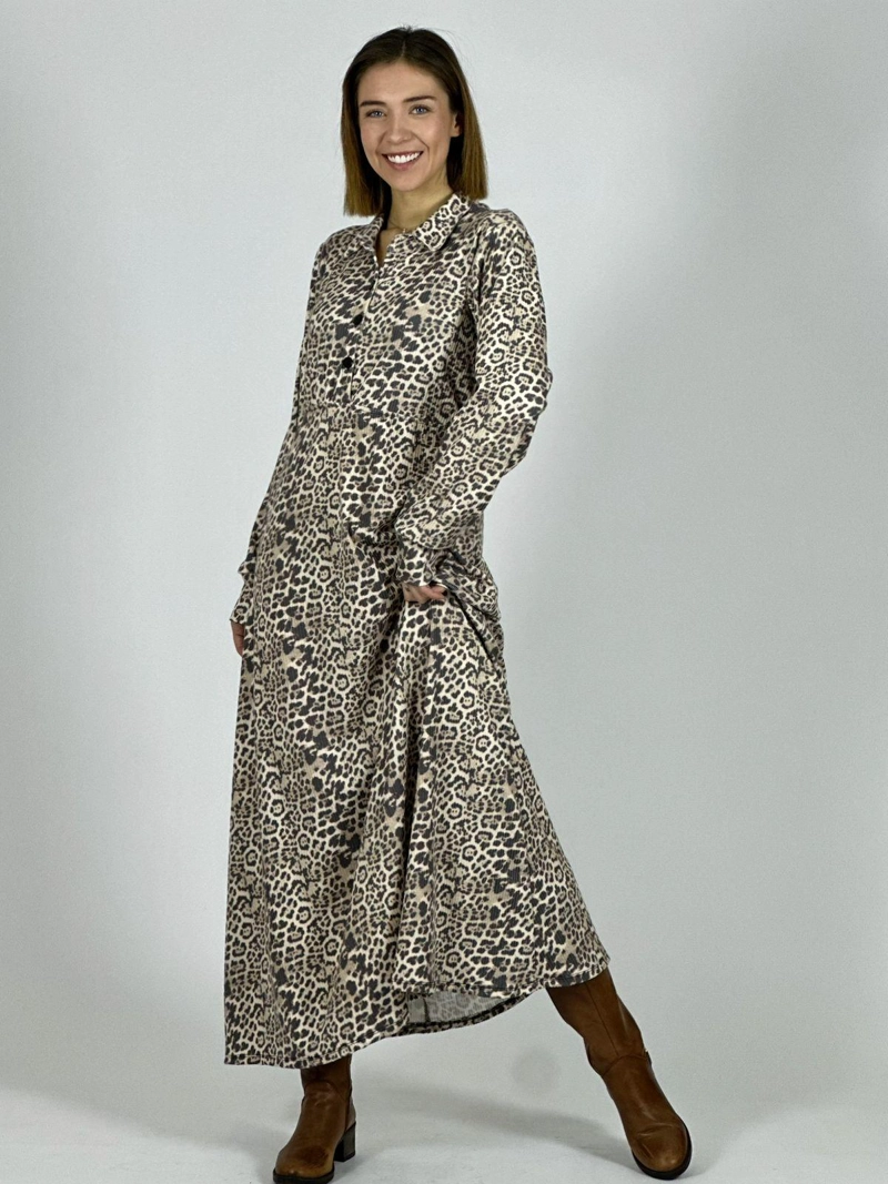 VESTIDO LARGO PUNTO GUEPARDO MANGA LARGA CAMEL - 1