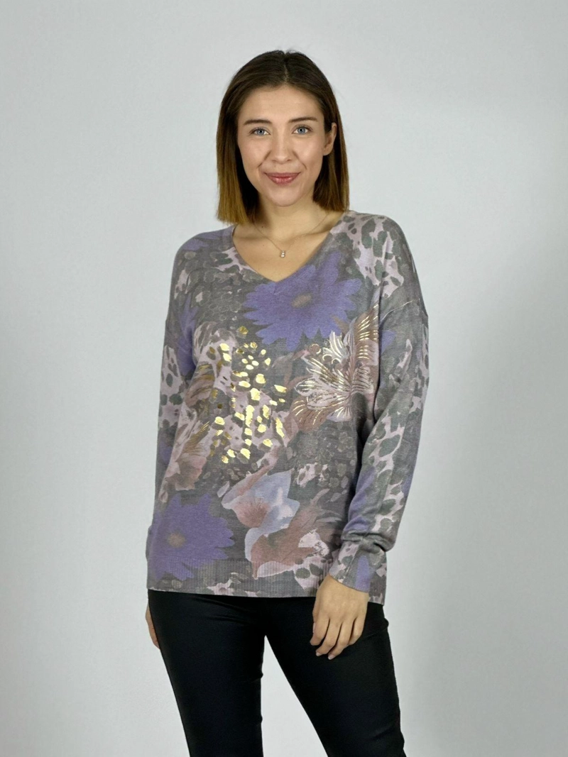 SWEATER CUELLO V FLORES Y PRINT CELESTE Morado Talla unica